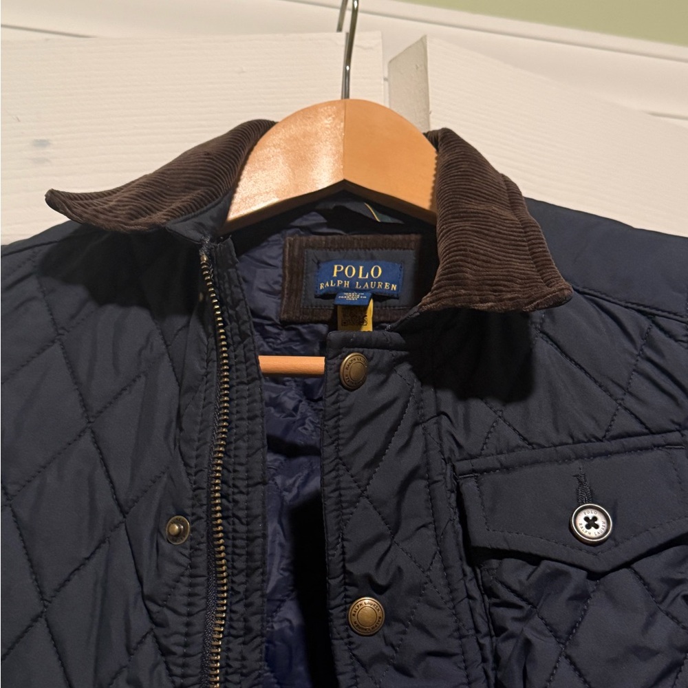 Ralph Lauren Navy Quilted Jacket with Brown Collar - Picture 3 of 9